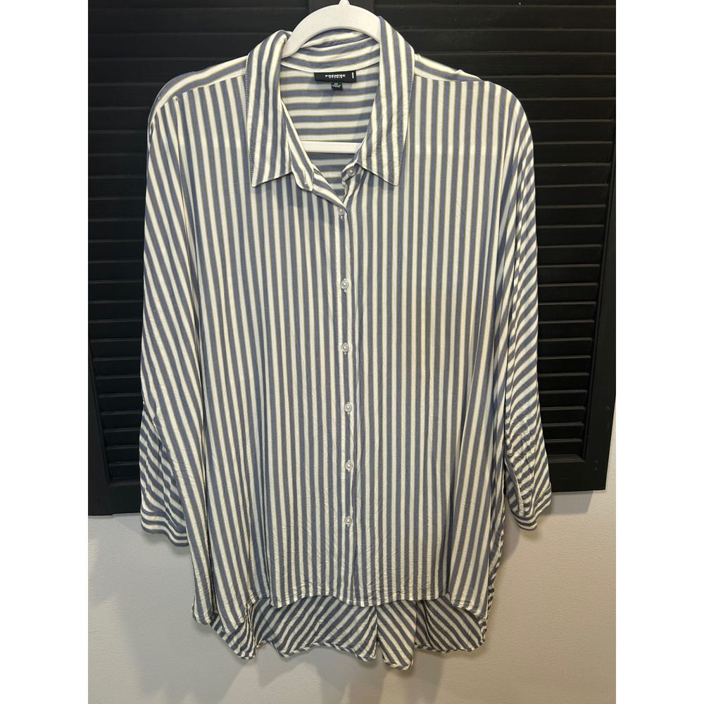 Premise Studio Women 3X Blue White Striped Rayon Button Down High Low Shirt